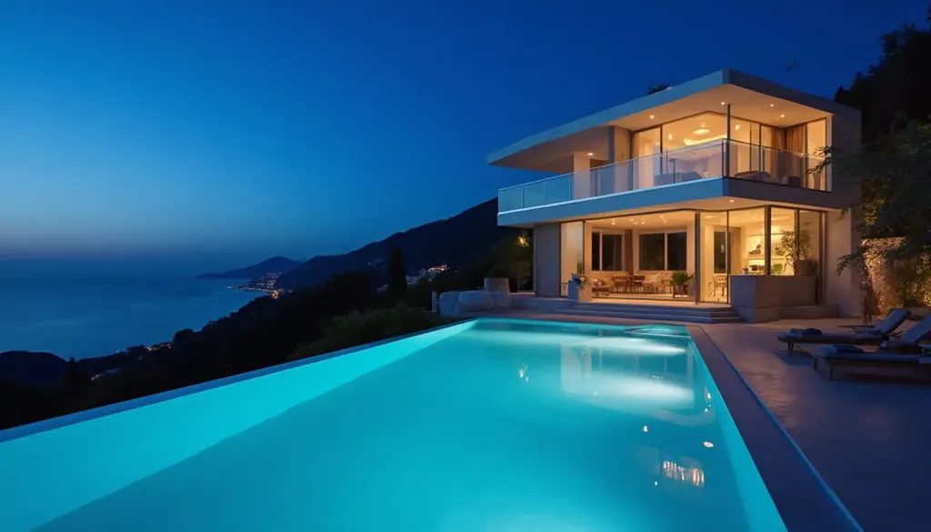 Contemporary villa with an infinity pool at dusk