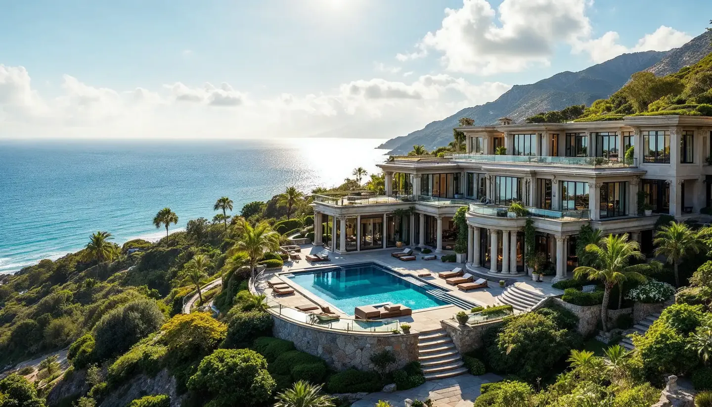 Aerial view of a terraced contemporary villa with pools above the coast