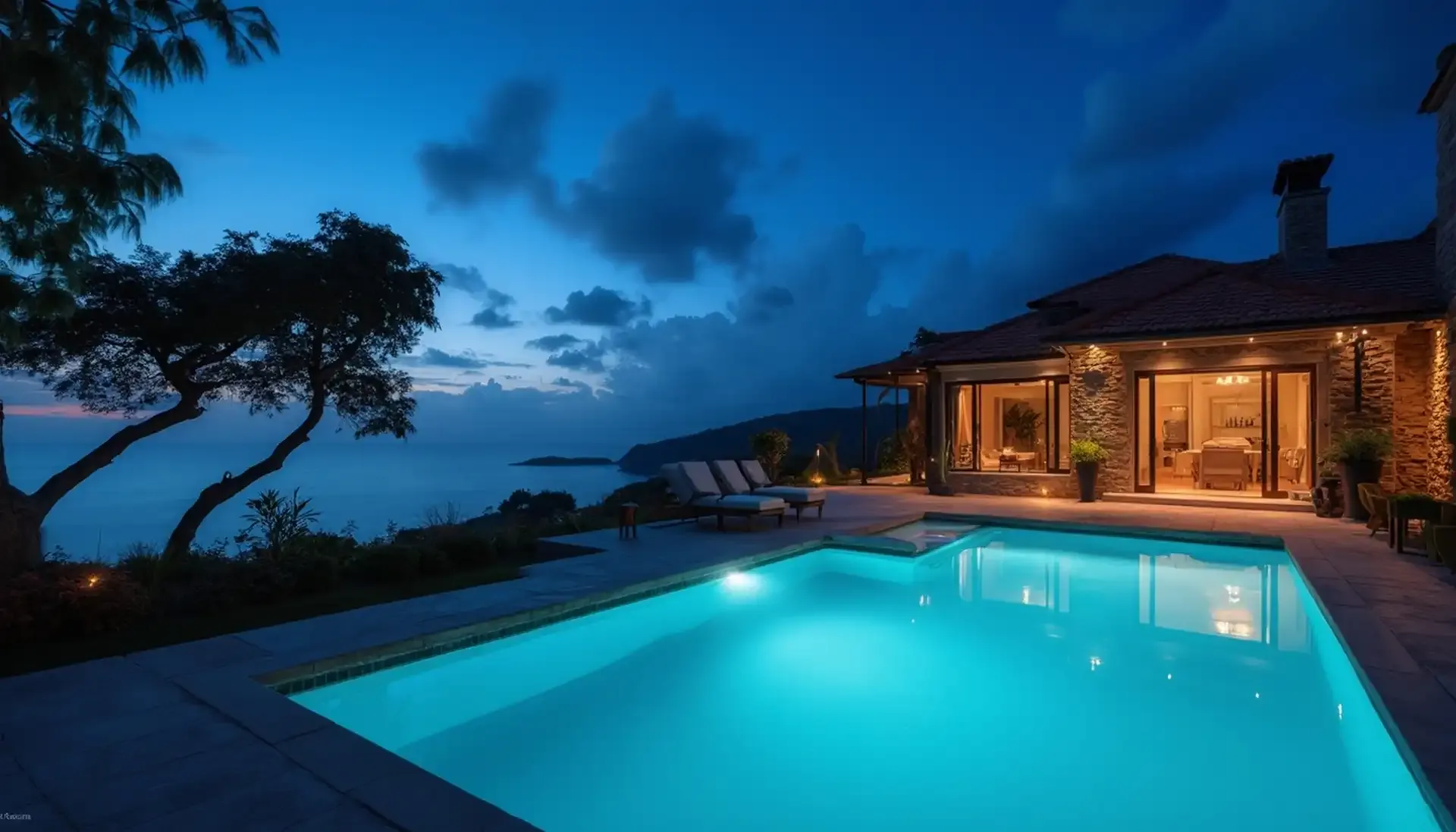 Villa among pines with a pool and a view to the sea at dusk