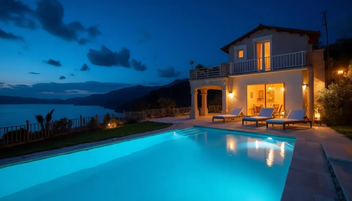 Hillside villa with a lit pool at blue hour above the coast