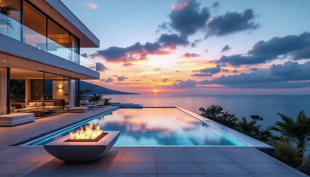 Infinity pool with a fire bowl at sunset