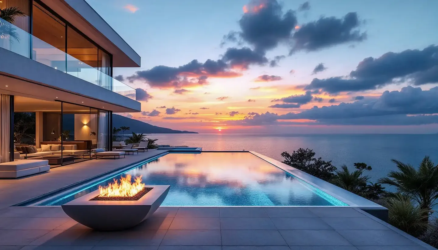 Infinity pool with a fire bowl at sunset