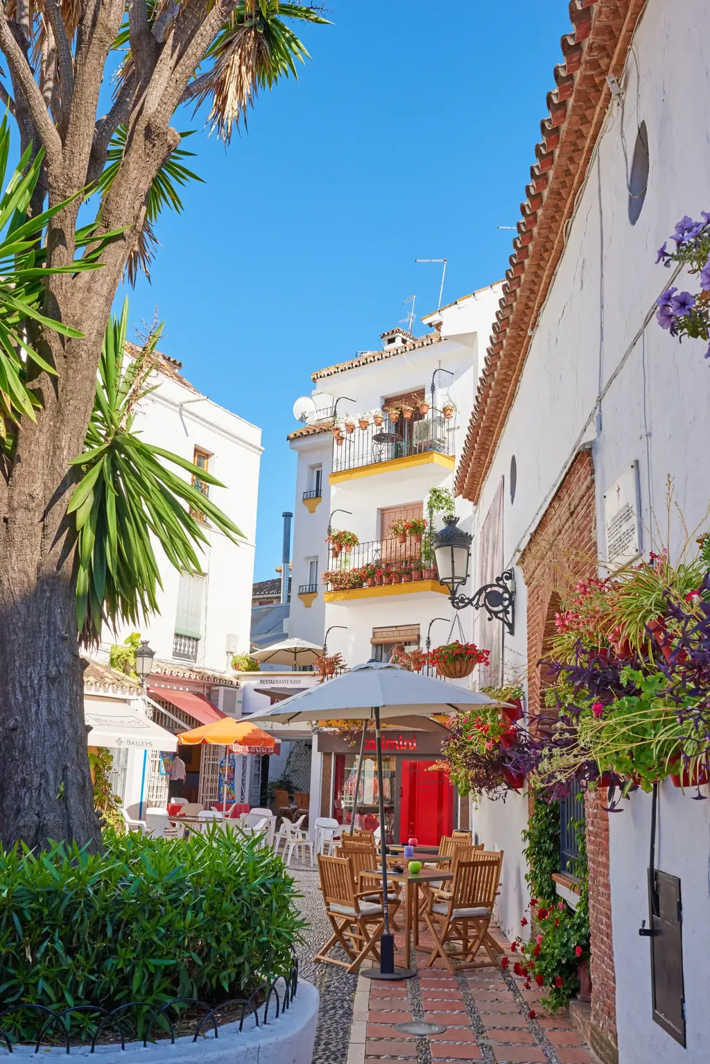 White houses, balconies and flowers in a street of Marbella old town