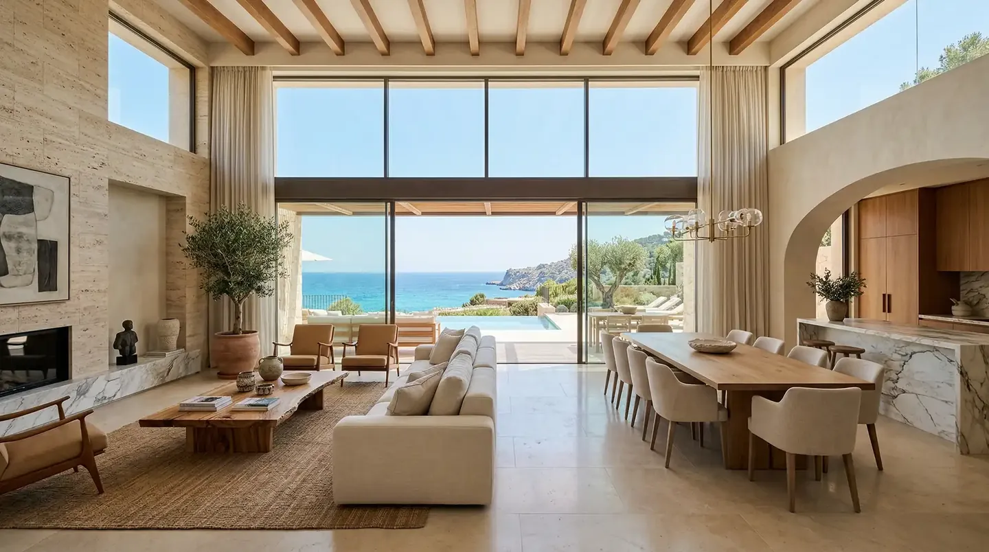 Open-plan living space with tall glazing and a view of the coast