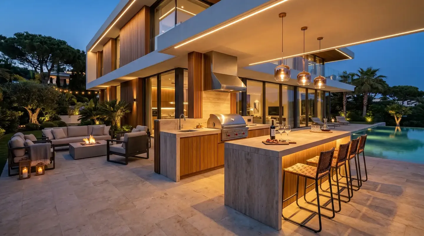 Outdoor kitchen bar with stools beside the pool at blue hour