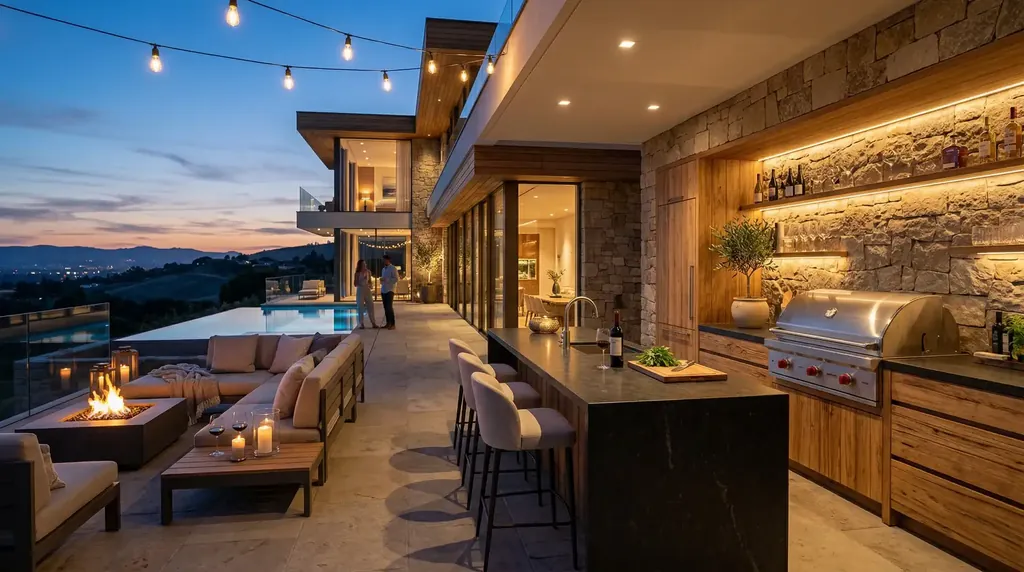 Outdoor kitchen and dining terrace lit in the evening