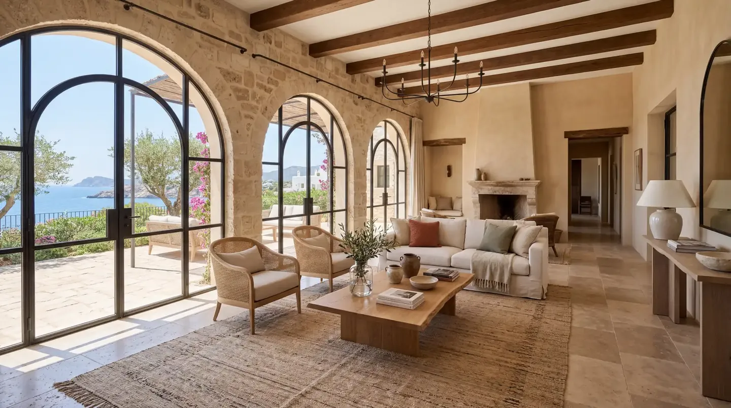 Living room with arched windows, beams and a stone fireplace