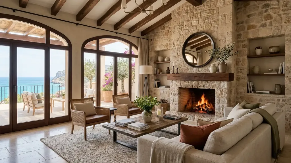 Stone living room with an open fire and arched doors to the terrace