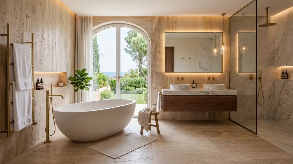 Stone bathroom with a freestanding tub and arched window