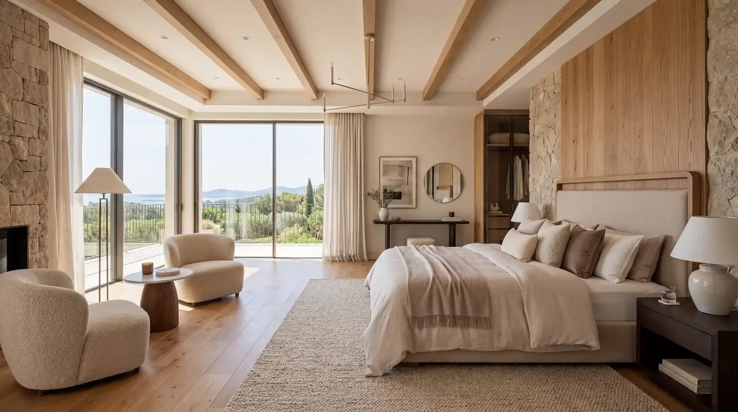 Bedroom with timber beams and windows onto the garden