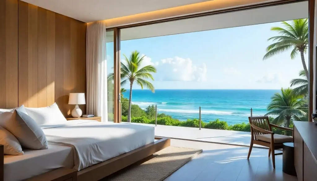 Bright bedroom with floor-to-ceiling glass and a sea view