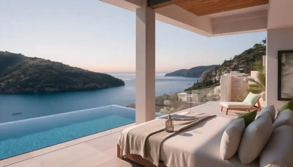 Bedroom opening onto a terrace and pool with a view of the bay