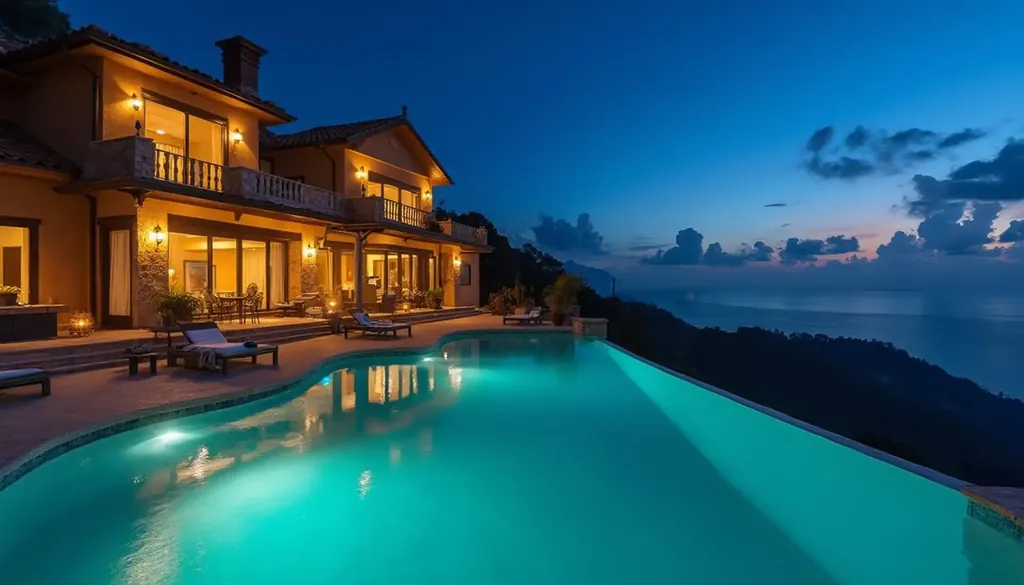 Villa with warm lights and a turquoise pool at blue hour