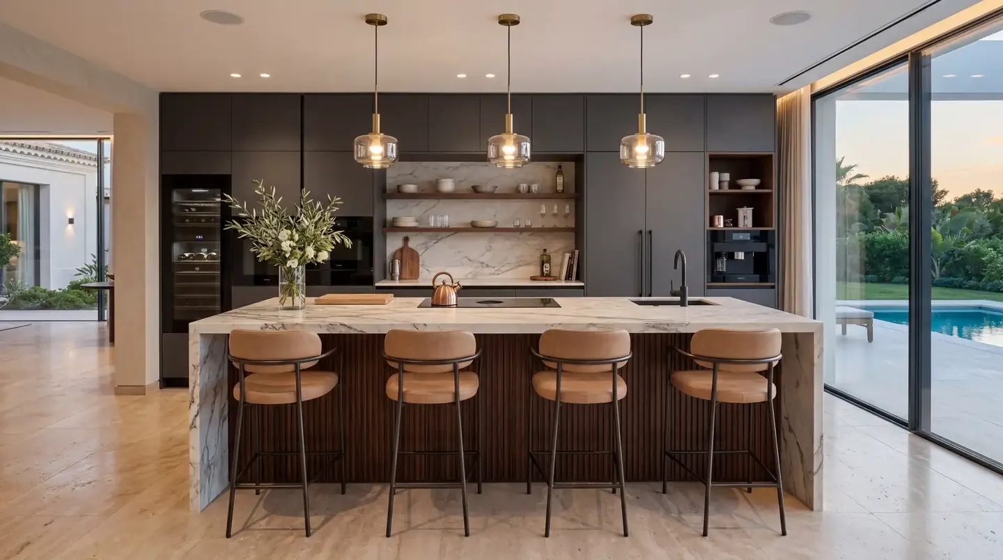 Kitchen in dark wood and marble with pendant lights
