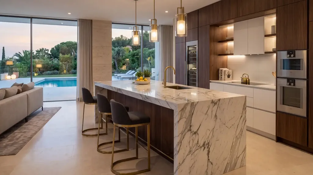 Kitchen with a marble island and bar stools beside the pool