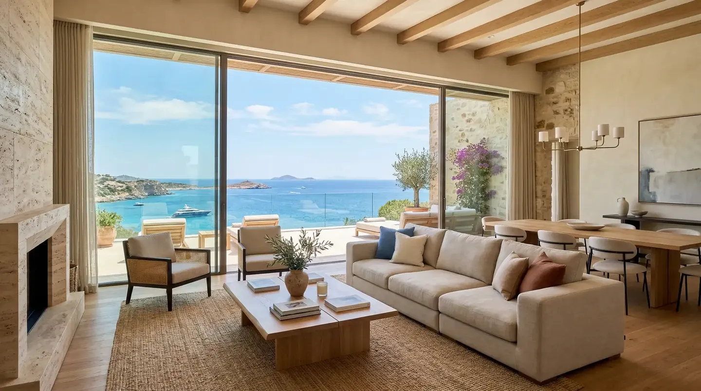 Open living and dining room with glazing towards the sea