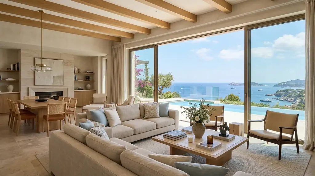 Living room with beams, sofas and a wide sea view