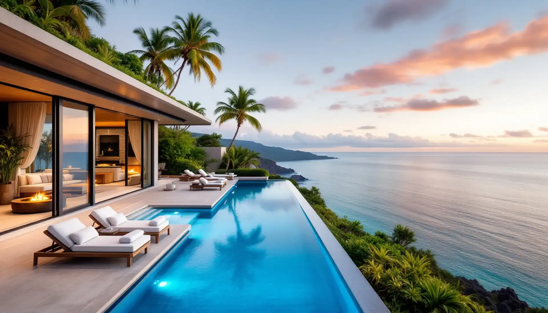 Villa pool terrace with palms at sunset