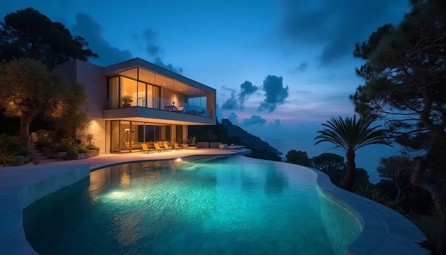 Villa terrace and pool overlooking the sea at dusk