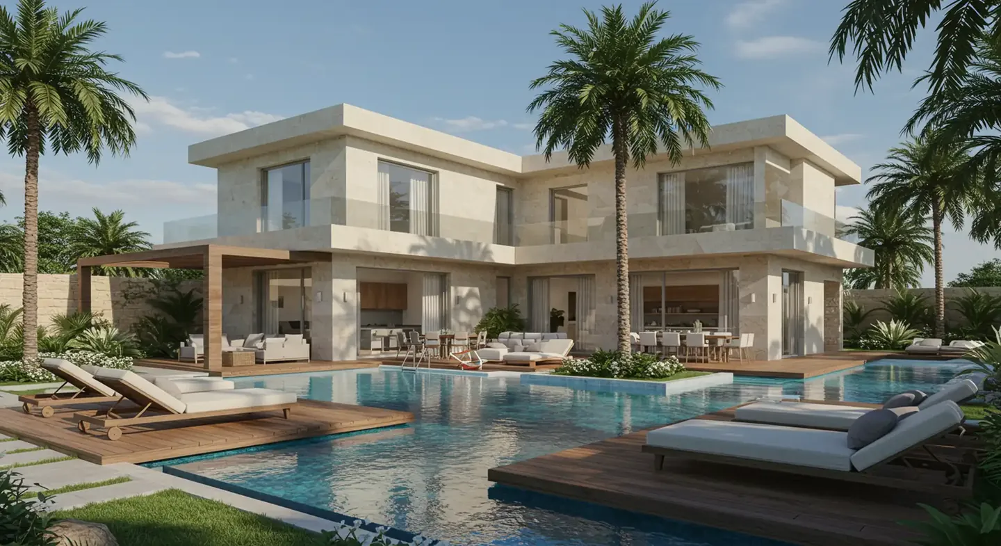 White villa with palms and a lounge terrace by the pool