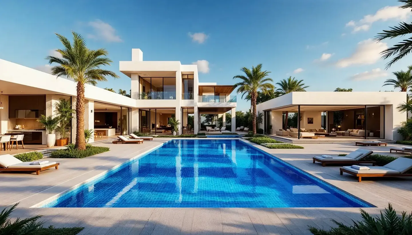 White villa with a long blue pool and shaded pavilions