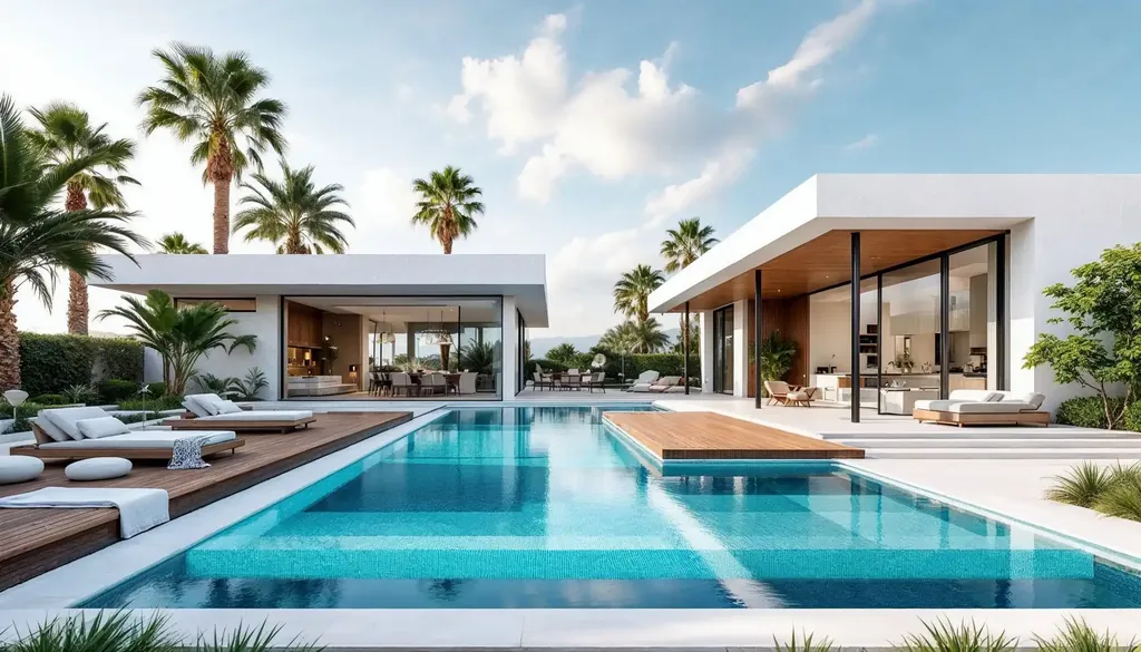 White modern villa with a pool terrace and sun loungers